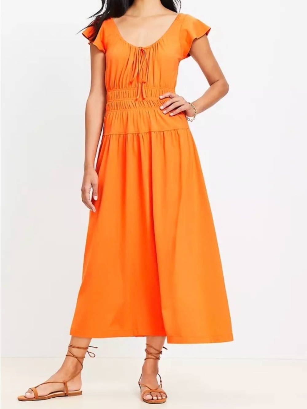 LOFT Orange Smocked Flutter Midi Dress with Smocked Waist & Tie Neck